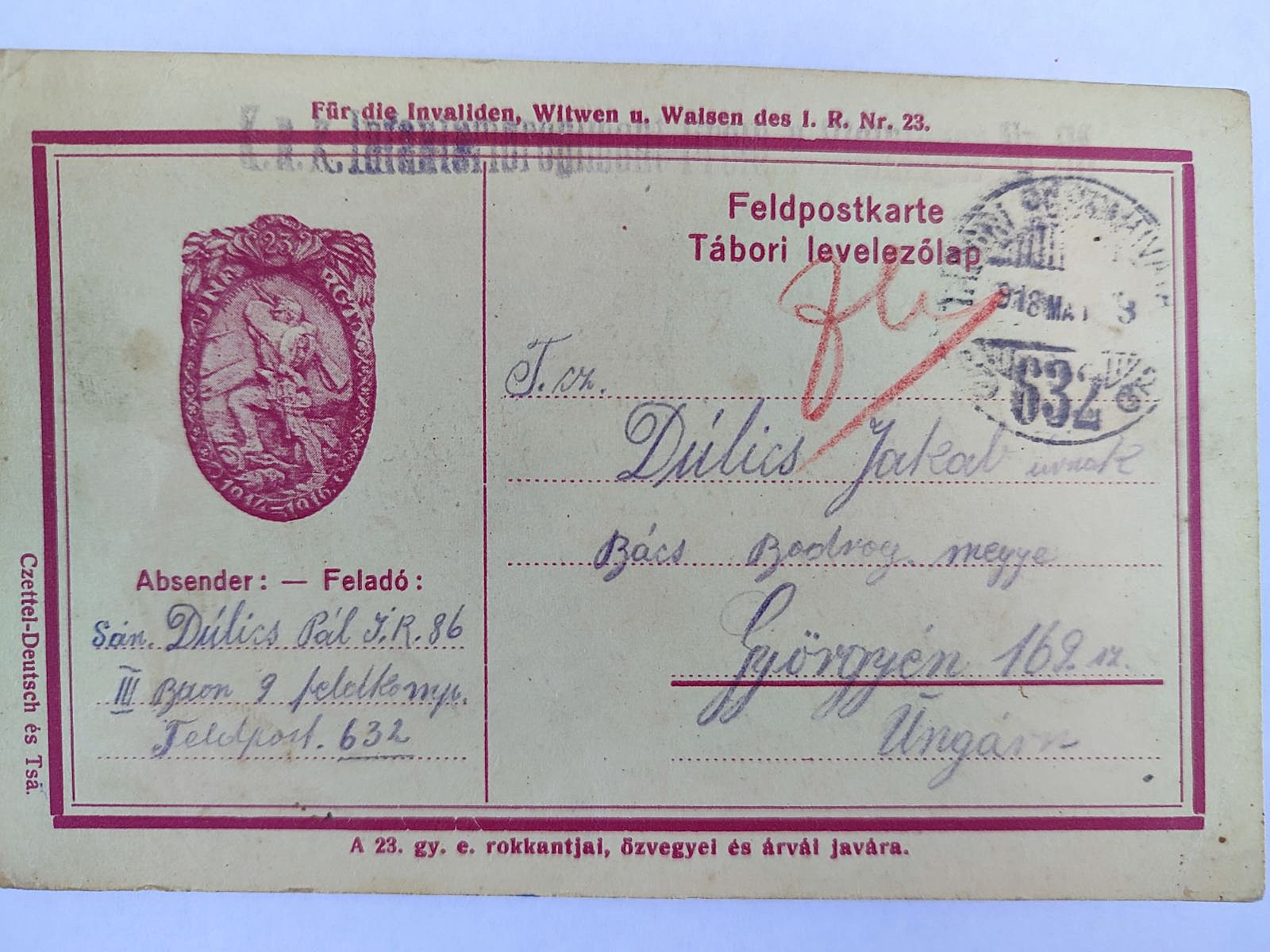 Cartolina dal fronte del soldato Pál Dulics