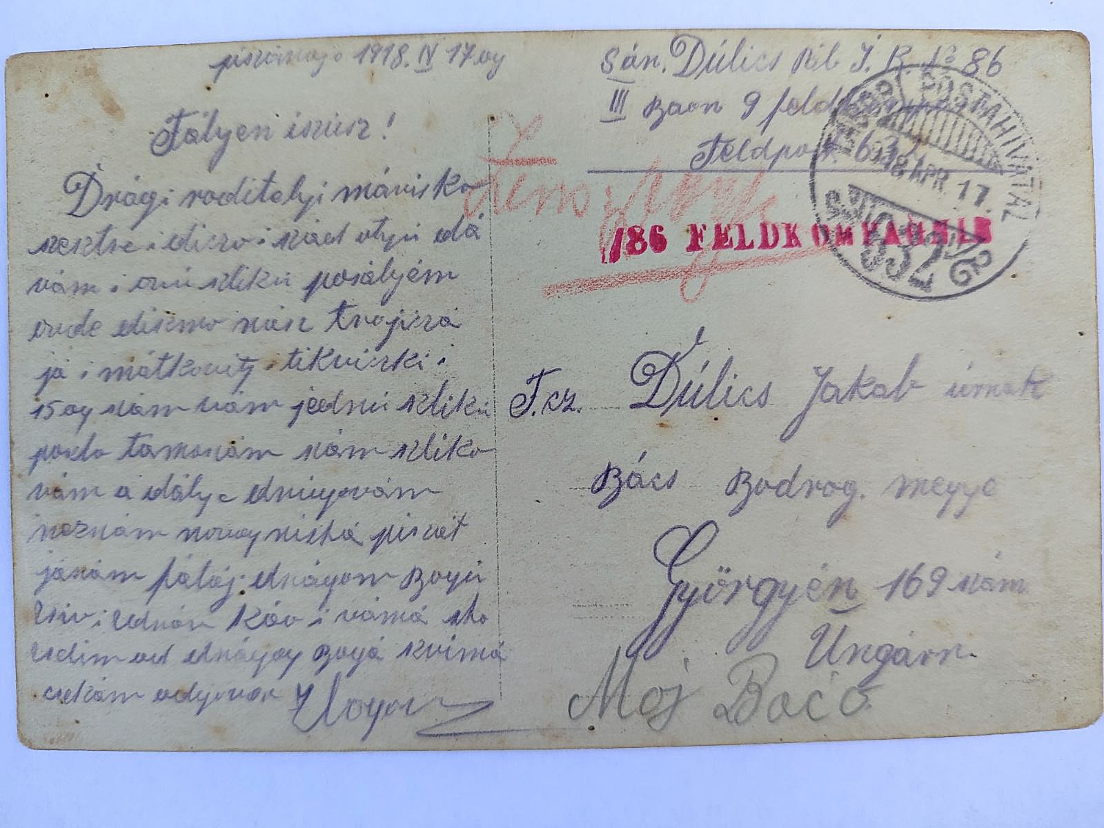 Cartolina dal fronte del soldato Pál Dulics