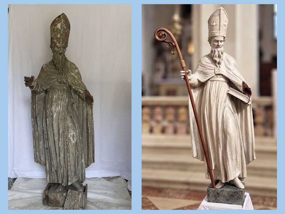 La statua di San Bassiano prima e dopo il restauro